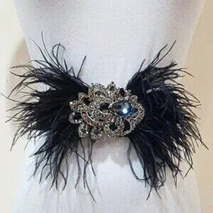 💥GLAMOROUS!💥Roaring 20s Genuine Leather/Crystals/Gems/Ostrich Feathers Belt